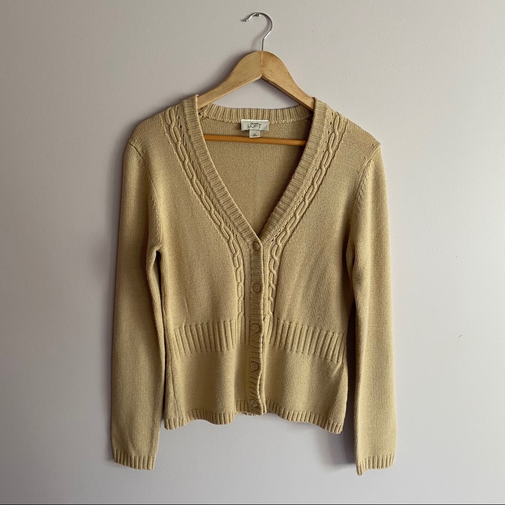 Ann Taylor LOFT Beige Button Long Sleeve Cardigan